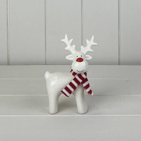 White Ceramic Reindeer Ornament With Knitted Scarf