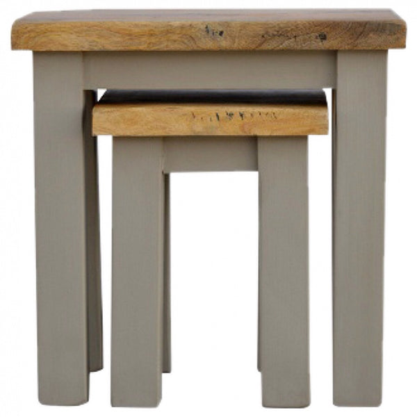 Grey Hand Painted Set of 2 Nesting Tables with Wooden Tops