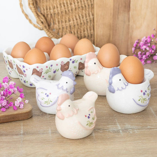 Set of 2 Floral Hen Chicken Shaped Egg Cups