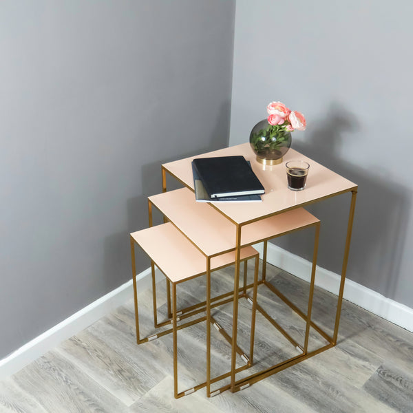 Nest of 3 Gold Side Tables Pale Pink